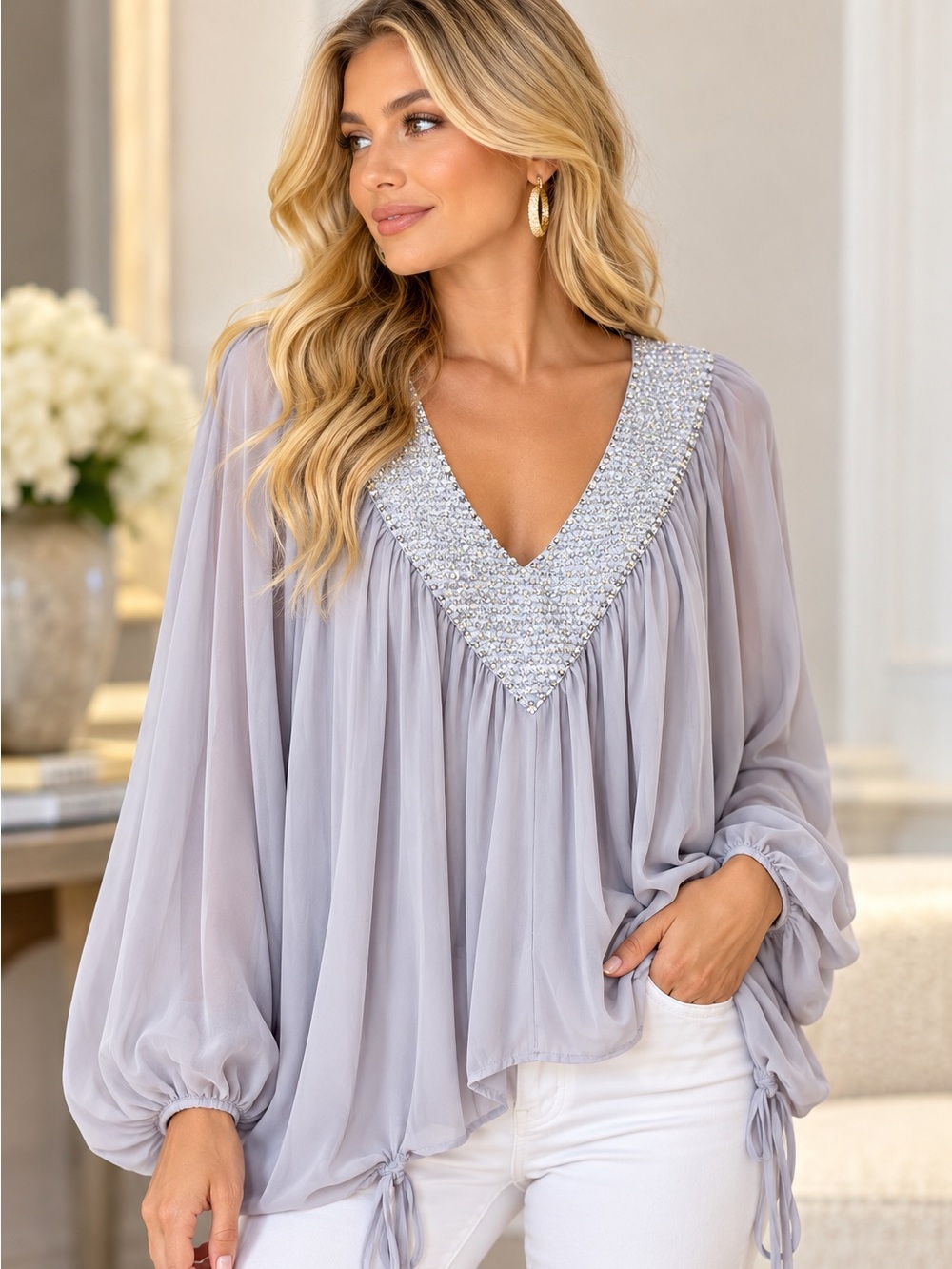 Gracia Beaded V-Neck Sheer Blouse Gray Chiffon Boho Small